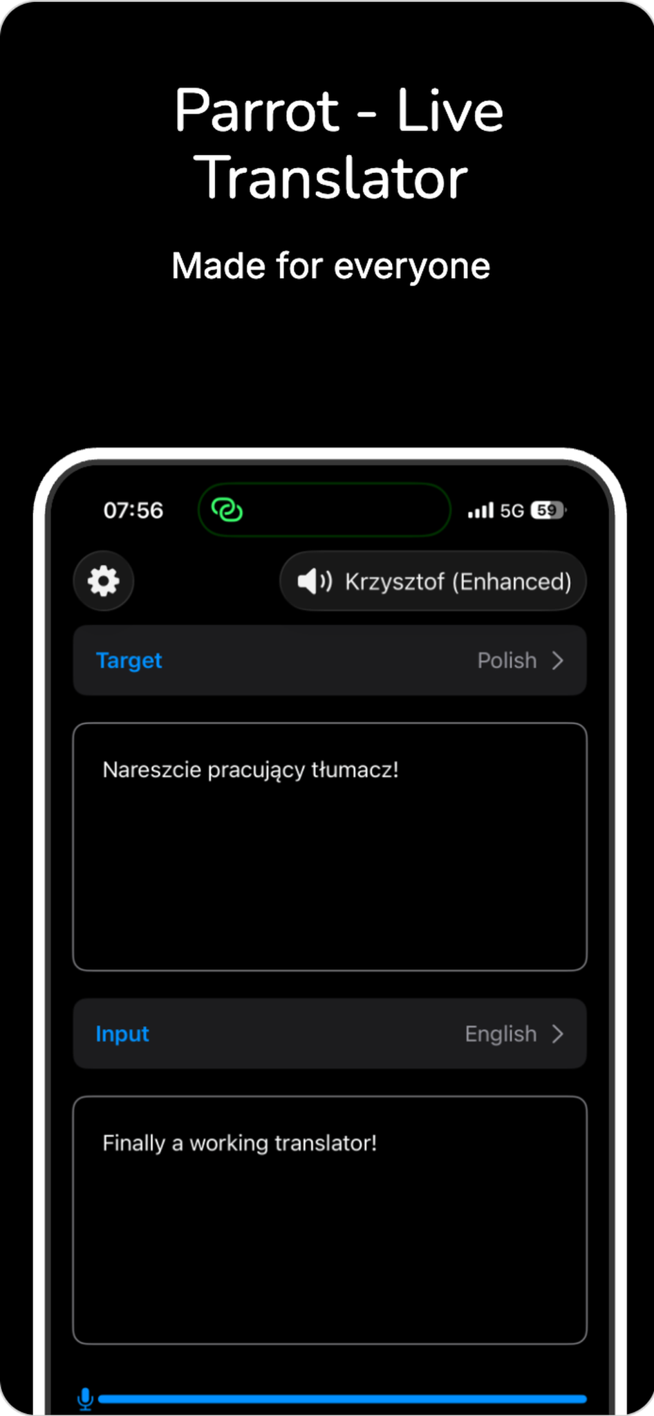 Parrot iPhone promotional screenshot showing English to Polish live translation