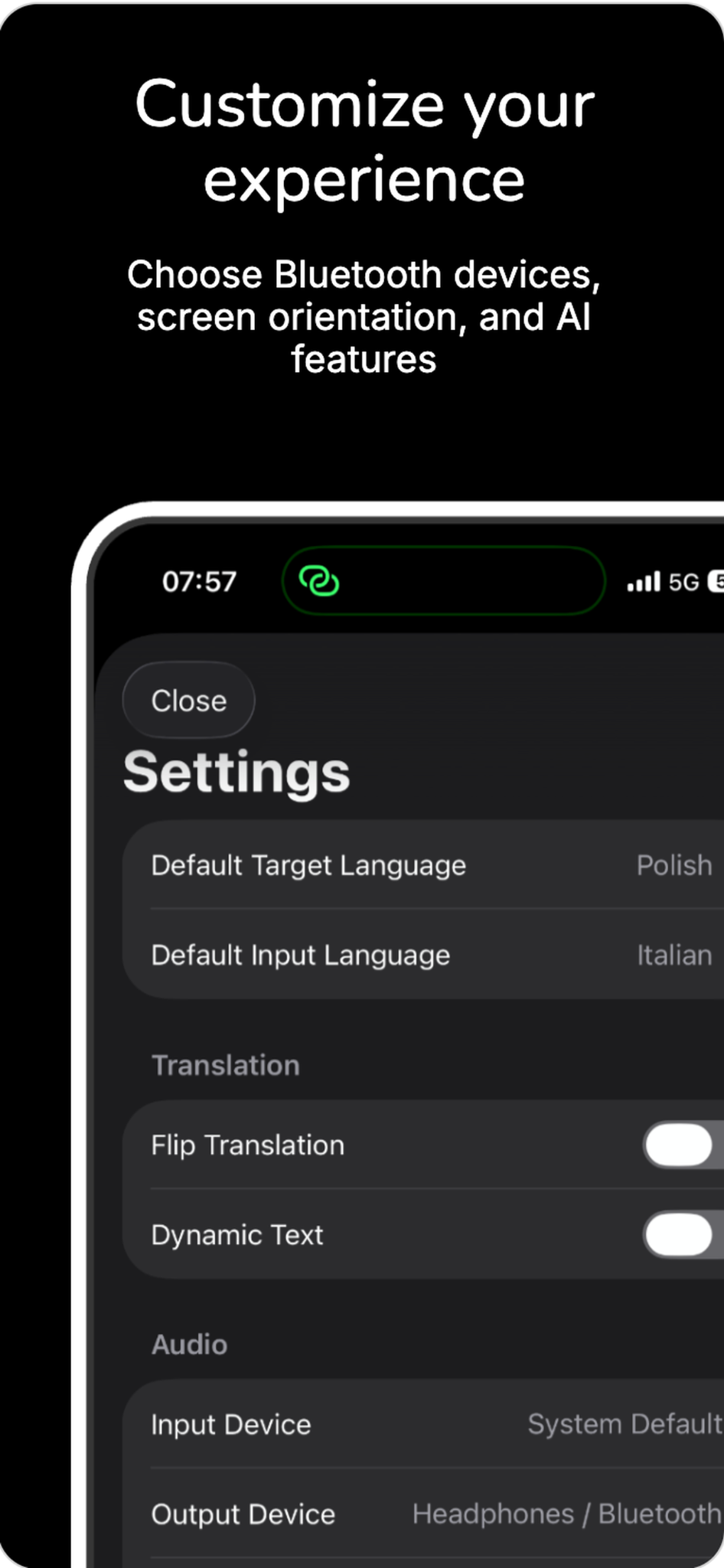 Parrot iPhone screenshot showing translation and audio settings