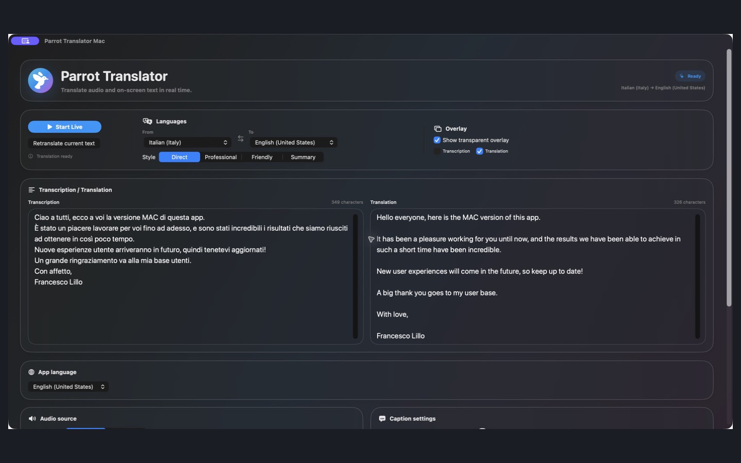 Actual Parrot Mac app showing Italian text and its English translation in Direct mode