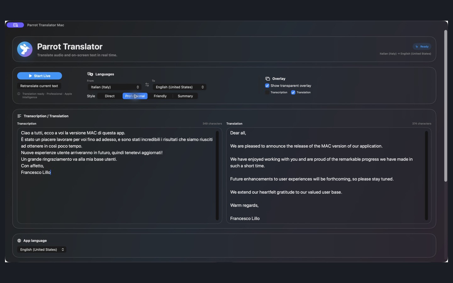 Actual Parrot Mac app: original Italian transcription alongside a contextual professional English translation