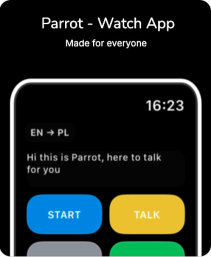 Parrot Apple Watch app interface with Start and Talk controls
